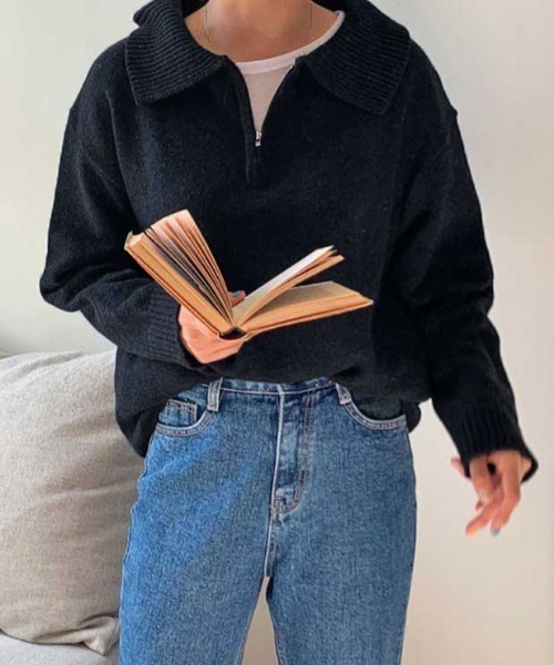 MANGROVE（マングローブ）の「ハーフジップルーズニット（ニット/セーター・レディース・ネイビー/ブラウン/グレー/ライトベージュ/ブラック・FREE）」の2枚目の写真