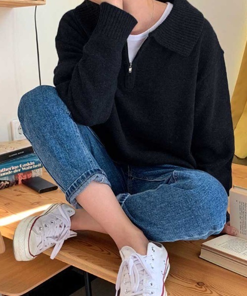 MANGROVE（マングローブ）の「ハーフジップルーズニット（ニット/セーター・レディース・ネイビー/ブラウン/グレー/ライトベージュ/ブラック・FREE）」の18枚目の写真