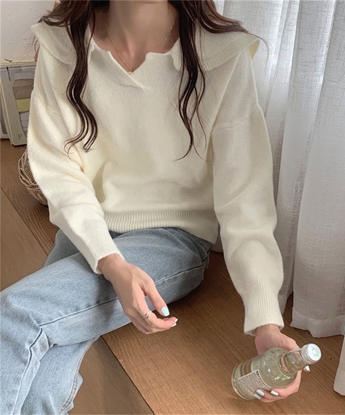 Jewelobe（ジュエローブ）の「セーラーカラーニットプルオーバー（ニット/セーター・レディース・パープル/オフホワイト/イエロー/ブルー/グリーン・FREE）」の6枚目の写真