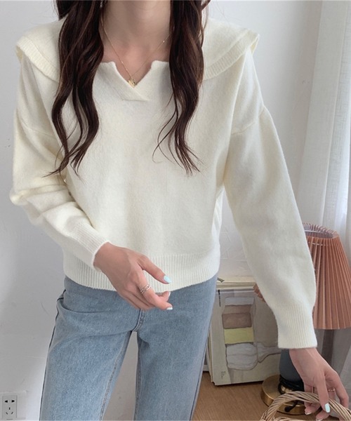Jewelobe（ジュエローブ）の「セーラーカラーニットプルオーバー（ニット/セーター・レディース・パープル/オフホワイト/イエロー/ブルー/グリーン・FREE）」の22枚目の写真