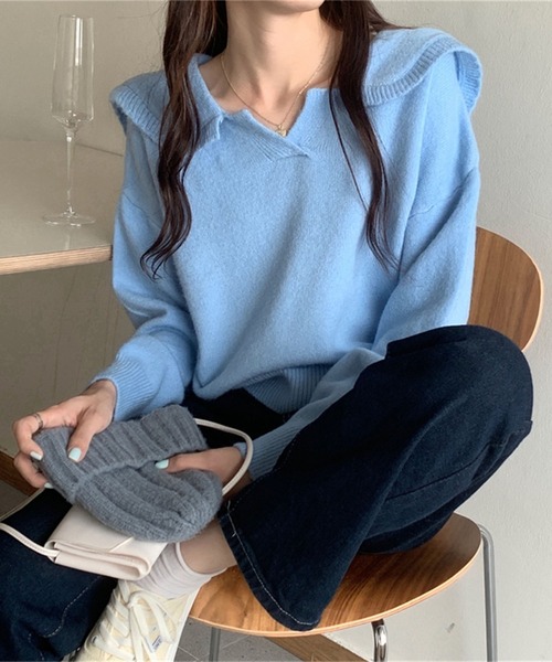 Jewelobe（ジュエローブ）の「セーラーカラーニットプルオーバー（ニット/セーター・レディース・パープル/オフホワイト/イエロー/ブルー/グリーン・FREE）」の14枚目の写真