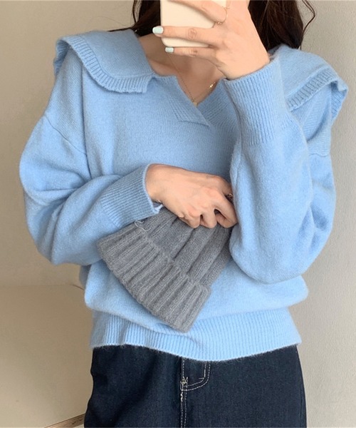 Jewelobe（ジュエローブ）の「セーラーカラーニットプルオーバー（ニット/セーター・レディース・パープル/オフホワイト/イエロー/ブルー/グリーン・FREE）」の8枚目の写真