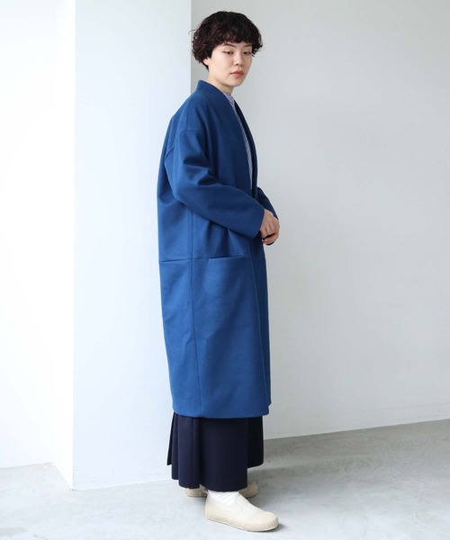 note et silence （ノートエシロンス）の「super100ノーカラーウエスト切替コート（ノーカラーコート・レディース・カーキ/ブルー・FREE）」の8枚目の写真