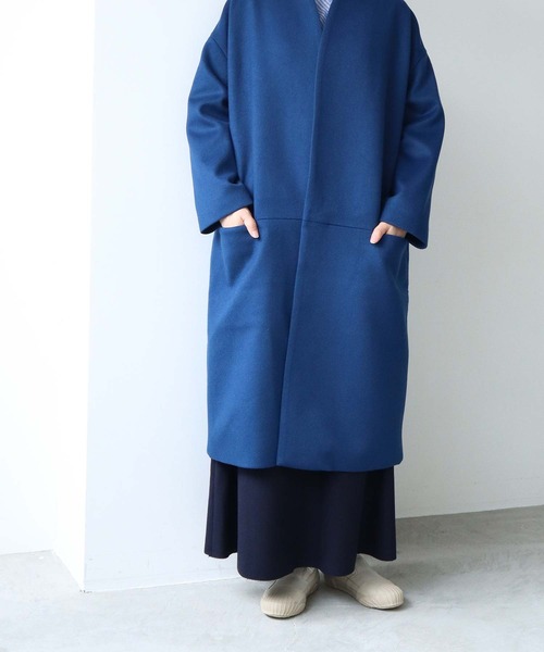 note et silence （ノートエシロンス）の「super100ノーカラーウエスト切替コート（ノーカラーコート・レディース・カーキ/ブルー・FREE）」の13枚目の写真