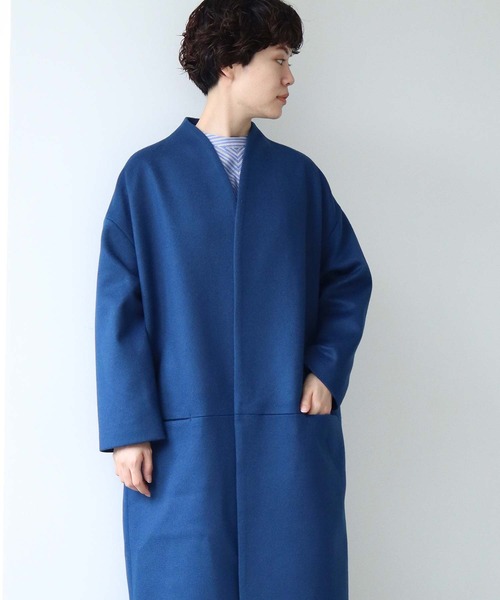 note et silence （ノートエシロンス）の「super100ノーカラーウエスト切替コート（ノーカラーコート・レディース・カーキ/ブルー・FREE）」の12枚目の写真