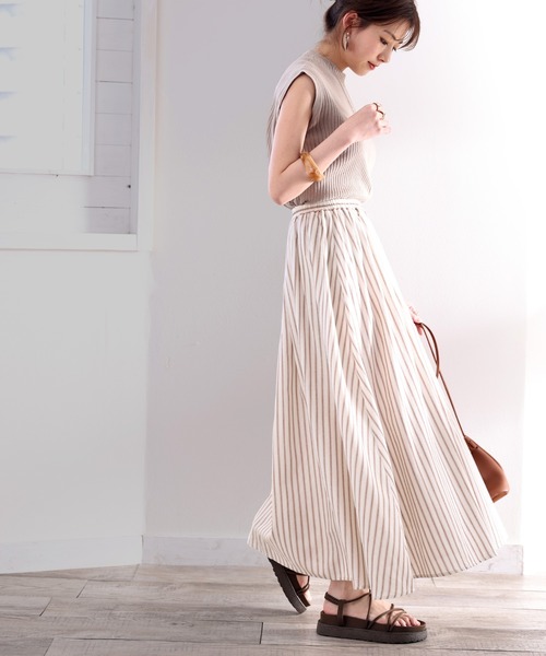 classicalelf(クラシカルエルフ)の「夏の風舞う。ストライプ柄コットンリネンライクフレアスカート(スカート・レディース・グリーン/アイボリー・SMALL/MEDIUM/LARGE/X-LARGE)」の14枚目の写真