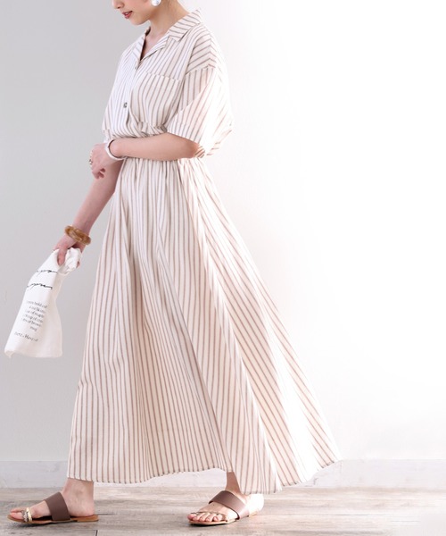 classicalelf(クラシカルエルフ)の「夏の風舞う。ストライプ柄コットンリネンライクフレアスカート(スカート・レディース・グリーン/アイボリー・SMALL/MEDIUM/LARGE/X-LARGE)」の16枚目の写真