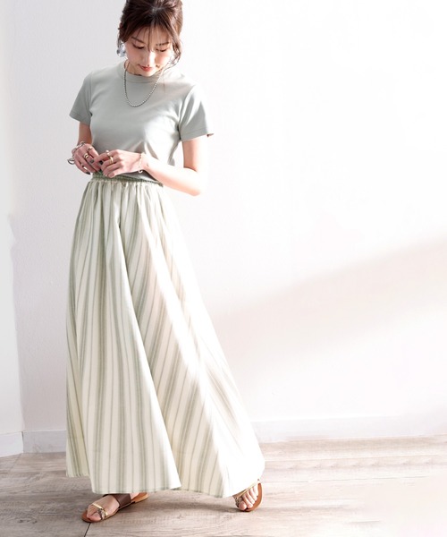 classicalelf(クラシカルエルフ)の「夏の風舞う。ストライプ柄コットンリネンライクフレアスカート(スカート・レディース・グリーン/アイボリー・SMALL/MEDIUM/LARGE/X-LARGE)」の11枚目の写真