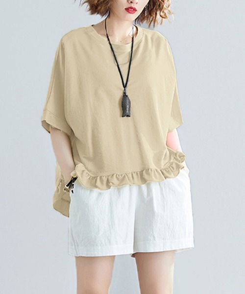 Doux Belle(ドゥーベル)の「フリル裾AラインフレアTシャツ(Tシャツ/カットソー・レディース・ブラック/グリーン/ベージュ/ピンク・FREE)」の2枚目の写真