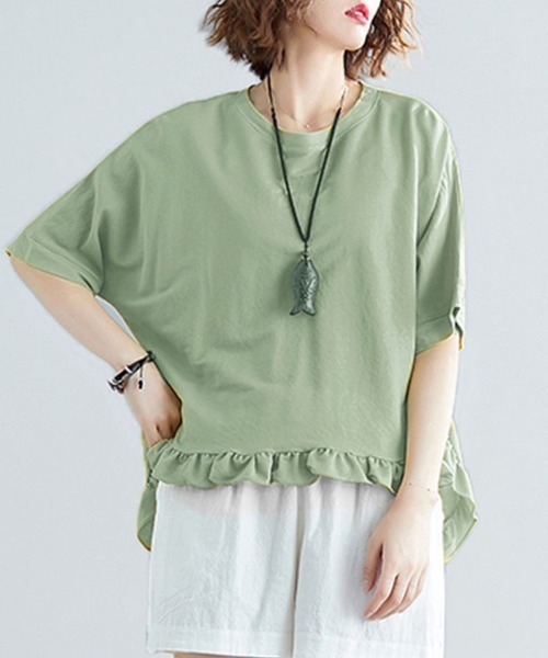 Doux Belle(ドゥーベル)の「フリル裾AラインフレアTシャツ(Tシャツ/カットソー・レディース・ブラック/グリーン/ベージュ/ピンク・FREE)」の3枚目の写真