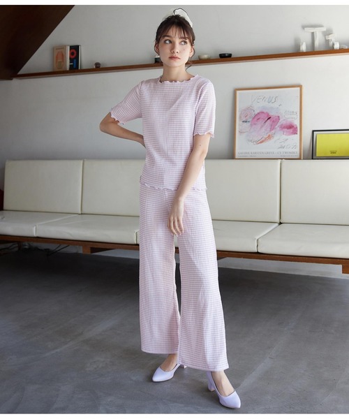 CHILLE（チル）の「ギンガムクルーネックプルオーバー（Tシャツ/カットソー・レディース・パープル/イエロー/グリーン・FREE）」の6枚目の写真