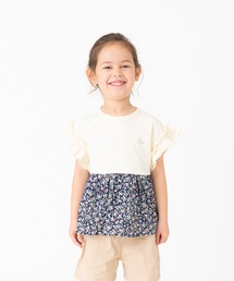 袖フリル花柄使い半袖TEE