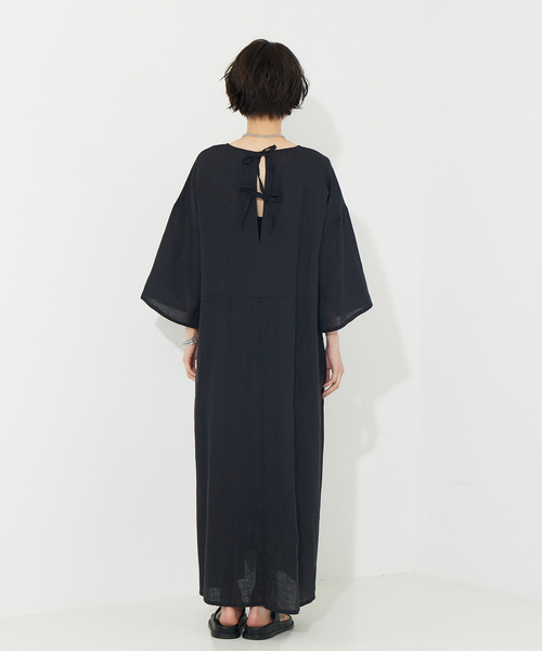 美品▲TICCA ティッカ /キーネックロングドレス▲半袖ワンピース TICCA（ティッカ）の「TICCA / リネン キーネック ロングドレス