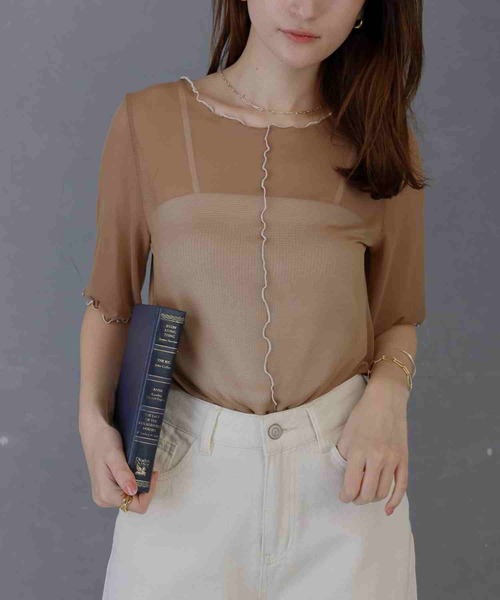 acro（アクロ）の「5分袖カラーシアーメッシュトップス/AC1429（Tシャツ/カットソー・レディース・イエロー/ブラウン/アイボリー/グレー/ホワイト/オレンジ/ピンク/ブラック/ライトブルー/ブルー/グリーン/パープル/レッド・ﾌﾘ-）」の6枚目の写真