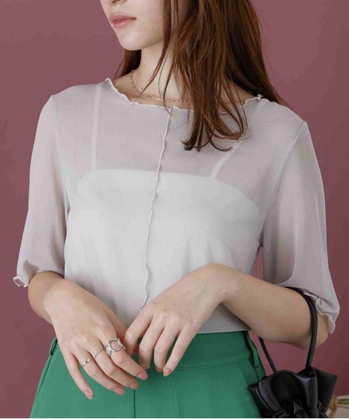 acro（アクロ）の「5分袖カラーシアーメッシュトップス/AC1429（Tシャツ/カットソー・レディース・イエロー/ブラウン/アイボリー/グレー/ホワイト/オレンジ/ピンク/ブラック/ライトブルー/ブルー/グリーン/パープル/レッド・ﾌﾘ-）」の5枚目の写真