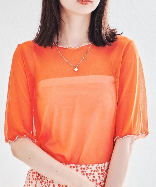 acro（アクロ）の「5分袖カラーシアーメッシュトップス/AC1429（Tシャツ/カットソー・レディース・イエロー/ブラウン/アイボリー/グレー/ホワイト/オレンジ/ピンク/ブラック/ライトブルー/ブルー/グリーン/パープル/レッド・ﾌﾘ-）」の13枚目の写真