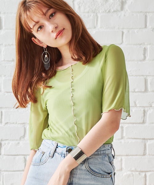 acro（アクロ）の「5分袖カラーシアーメッシュトップス/AC1429（Tシャツ/カットソー・レディース・イエロー/ブラウン/アイボリー/グレー/ホワイト/オレンジ/ピンク/ブラック/ライトブルー/ブルー/グリーン/パープル/レッド・ﾌﾘ-）」の7枚目の写真