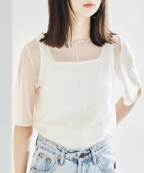 acro（アクロ）の「5分袖カラーシアーメッシュトップス/AC1429（Tシャツ/カットソー・レディース・イエロー/ブラウン/アイボリー/グレー/ホワイト/オレンジ/ピンク/ブラック/ライトブルー/ブルー/グリーン/パープル/レッド・ﾌﾘ-）」の3枚目の写真