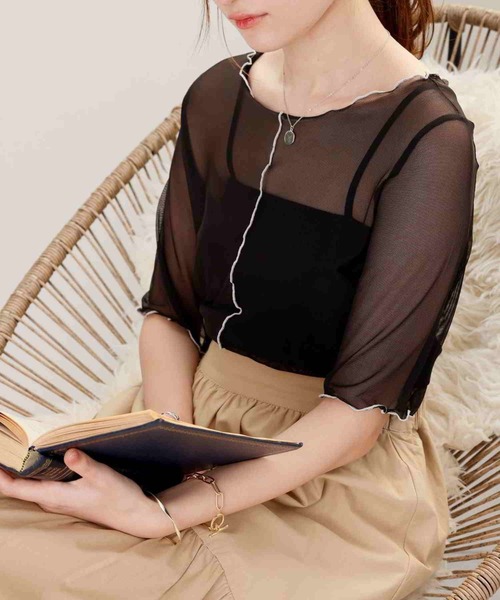 acro（アクロ）の「5分袖カラーシアーメッシュトップス/AC1429（Tシャツ/カットソー・レディース・イエロー/ブラウン/アイボリー/グレー/ホワイト/オレンジ/ピンク/ブラック/ライトブルー/ブルー/グリーン/パープル/レッド・ﾌﾘ-）」の4枚目の写真