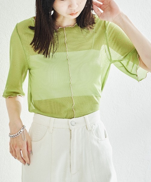 acro（アクロ）の「5分袖カラーシアーメッシュトップス/AC1429（Tシャツ/カットソー・レディース・イエロー/ブラウン/アイボリー/グレー/ホワイト/オレンジ/ピンク/ブラック/ライトブルー/ブルー/グリーン/パープル/レッド・ﾌﾘ-）」の18枚目の写真