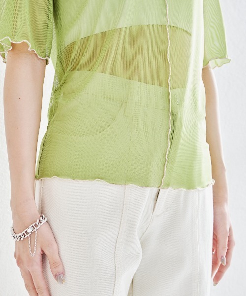 acro（アクロ）の「5分袖カラーシアーメッシュトップス/AC1429（Tシャツ/カットソー・レディース・イエロー/ブラウン/アイボリー/グレー/ホワイト/オレンジ/ピンク/ブラック/ライトブルー/ブルー/グリーン/パープル/レッド・ﾌﾘ-）」の14枚目の写真