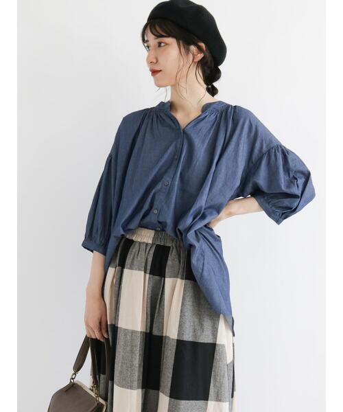 Samansa Mos2（サマンサ モスモス）の「シャーリングギャザースキッパー七分袖ブラウス（シャツ/ブラウス・レディース・ブルー/パープル/ネイビー・ﾌﾘ-）」の4枚目の写真