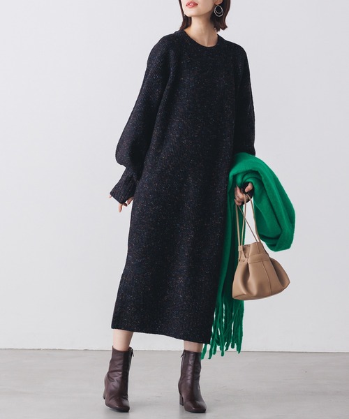 あったか可愛い 片畦編みカラーネップニットワンピース 秋冬 クルーネック 膝下丈 体型カバー サムホール ワンピース Hunch ハンチ のファッション通販 Zozotown