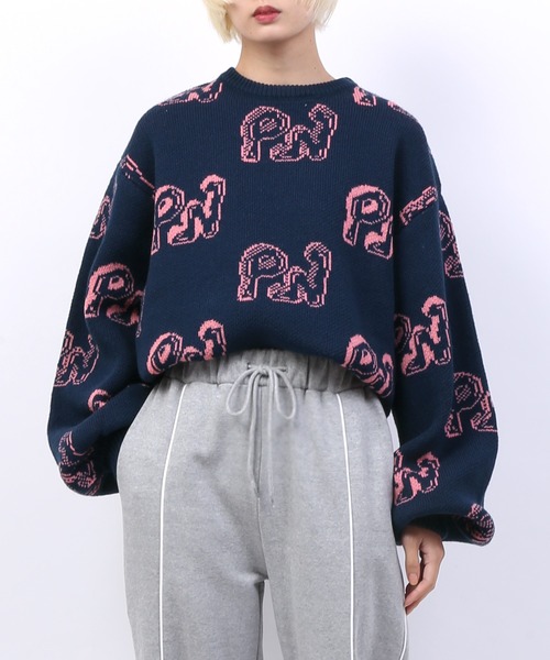 PUNYUS（プニュズ）の「ロゴジャガードニット（ニット/セーター・レディース・ネイビー/オレンジ/グリーン/ブルー/パープル・3/4/1/2）」の13枚目の写真