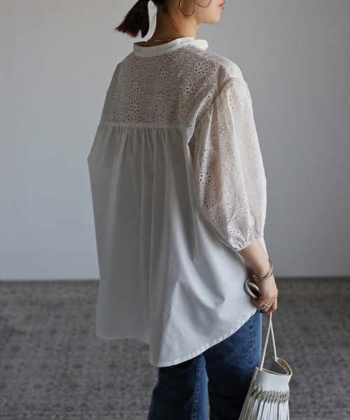 カットワークレースヨーク5分袖ブラウス（シャツ/ブラウス）｜Bonjour