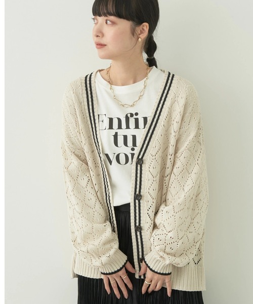 earth music&ecology（アースミュージックアンドエコロジー）の「ライン入り透かし編みカーディガン（カーディガン/ボレロ・レディース・グリーン/アイボリー/レモンイエロー・FREE）」の2枚目の写真