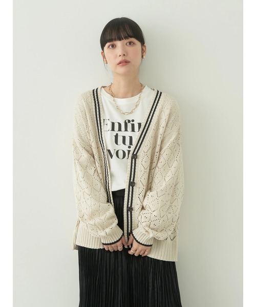 earth music&ecology（アースミュージックアンドエコロジー）の「ライン入り透かし編みカーディガン（カーディガン/ボレロ・レディース・グリーン/アイボリー/レモンイエロー・FREE）」の4枚目の写真