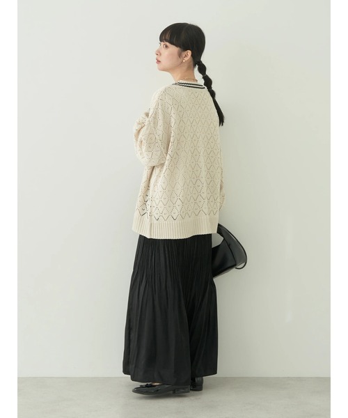 earth music&ecology（アースミュージックアンドエコロジー）の「ライン入り透かし編みカーディガン（カーディガン/ボレロ・レディース・グリーン/アイボリー/レモンイエロー・FREE）」の9枚目の写真