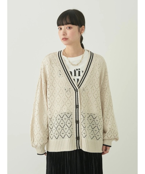 earth music&ecology（アースミュージックアンドエコロジー）の「ライン入り透かし編みカーディガン（カーディガン/ボレロ・レディース・グリーン/アイボリー/レモンイエロー・FREE）」の10枚目の写真
