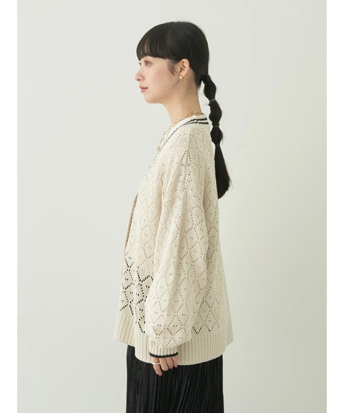 earth music&ecology（アースミュージックアンドエコロジー）の「ライン入り透かし編みカーディガン（カーディガン/ボレロ・レディース・グリーン/アイボリー/レモンイエロー・FREE）」の11枚目の写真