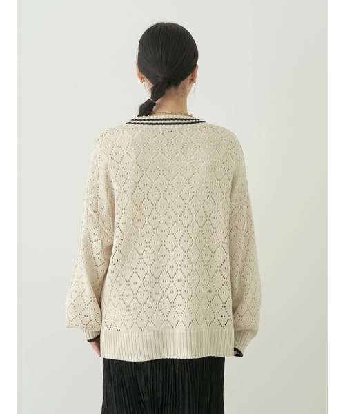 earth music&ecology（アースミュージックアンドエコロジー）の「ライン入り透かし編みカーディガン（カーディガン/ボレロ・レディース・グリーン/アイボリー/レモンイエロー・FREE）」の12枚目の写真
