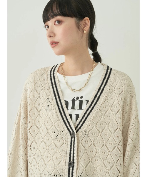 earth music&ecology（アースミュージックアンドエコロジー）の「ライン入り透かし編みカーディガン（カーディガン/ボレロ・レディース・グリーン/アイボリー/レモンイエロー・FREE）」の13枚目の写真