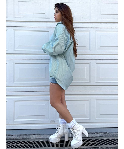 EGOIST（エゴイスト）の「ストライプシャツ（シャツ/ブラウス・レディース・グリーン/ブルー・FREE）」の3枚目の写真