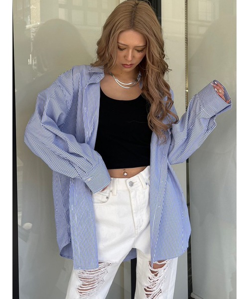 EGOIST（エゴイスト）の「ストライプシャツ（シャツ/ブラウス・レディース・グリーン/ブルー・FREE）」の4枚目の写真