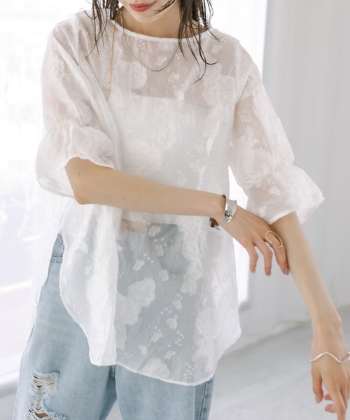 mystic（ミスティック）の「半袖オーガンジーブラウス（シャツ/ブラウス・レディース・ブラック/ベージュ/オフホワイト・FREE）」の9枚目の写真