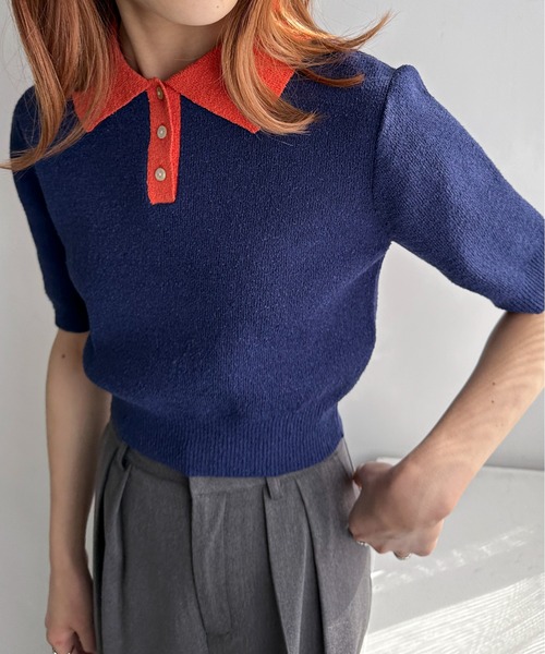 EPIMI E'PIMMY（エピミエピミー）の「配色カラーポロニット（ポロシャツ・レディース・ネイビー/ピンクベージュ/オフホワイト・MEDIUM）」の3枚目の写真