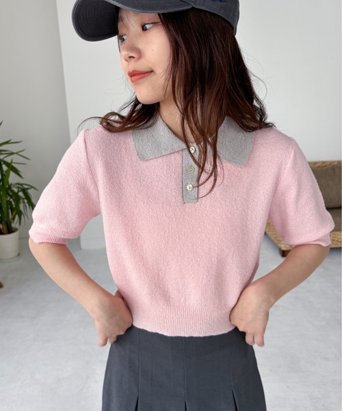 EPIMI E'PIMMY（エピミエピミー）の「配色カラーポロニット（ポロシャツ・レディース・ネイビー/ピンクベージュ/オフホワイト・MEDIUM）」の2枚目の写真