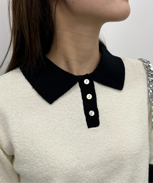 EPIMI E'PIMMY（エピミエピミー）の「配色カラーポロニット（ポロシャツ・レディース・ネイビー/ピンクベージュ/オフホワイト・MEDIUM）」の4枚目の写真