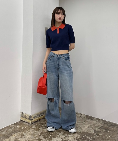 EPIMI E'PIMMY（エピミエピミー）の「配色カラーポロニット（ポロシャツ・レディース・ネイビー/ピンクベージュ/オフホワイト・MEDIUM）」の9枚目の写真