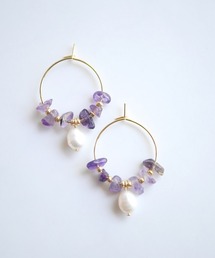 【SPICY COLORS】天然石と淡水パールのミニフープピアス【16kgp】