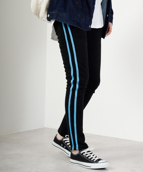 FUNALIVE（ファンアライブ）の「2line brushed lining skinny pants / 2ライン裏起毛スキニーパンツ unisex（その他パンツ・メンズ・ベージュ/杢グレー/ブラック×ベージュ/ブラック×ホワイト/オレンジ/ブラック×ブルー/ブラック系/サックスブルー・L/XL/M）」の3枚目の写真