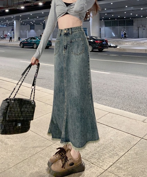 セール】裾 フリンジ デニムスカート（デニムスカート）｜BLANC