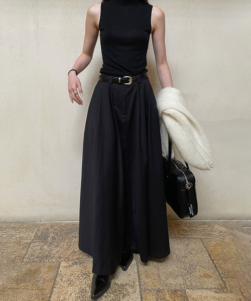 SETUP7（セットアップセブン）の「【SETUP7】tuck volume long skirt -belt set- /　ベルト付きタックスカート（スカート・レディース・グレー/ブラック/ベージュ・M/L）」の4枚目の写真