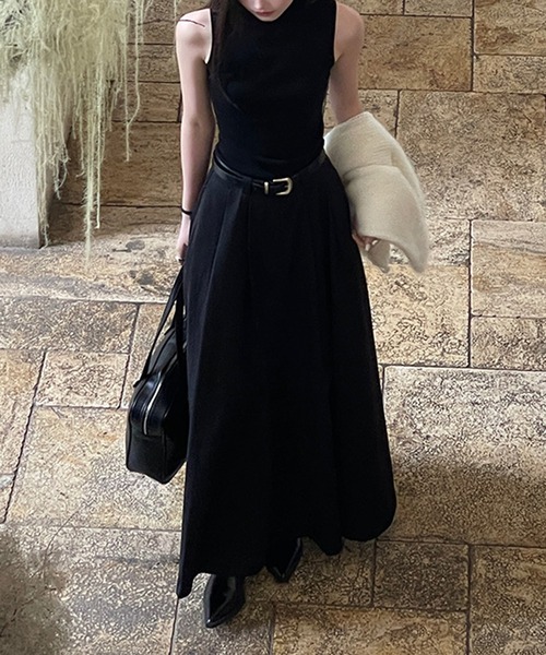 SETUP7（セットアップセブン）の「【SETUP7】tuck volume long skirt -belt set- /　ベルト付きタックスカート（スカート・レディース・グレー/ブラック/ベージュ・M/L）」の6枚目の写真