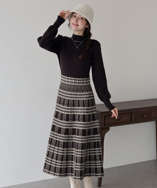 セール】《新柄追加／選べる着丈》チェックジャガードニットワンピース