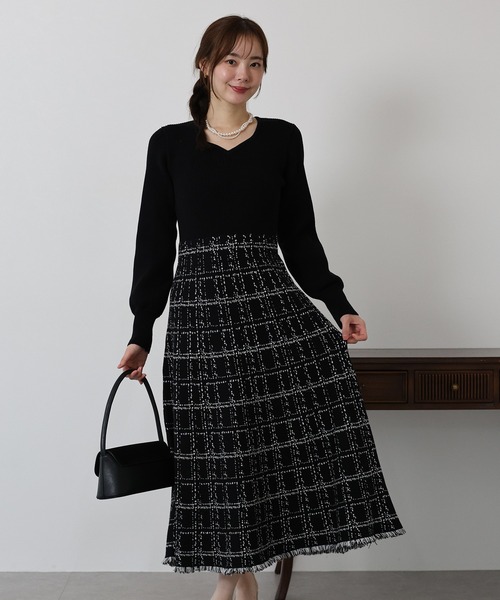 セール】チェックジャガードニットワンピース（ワンピース